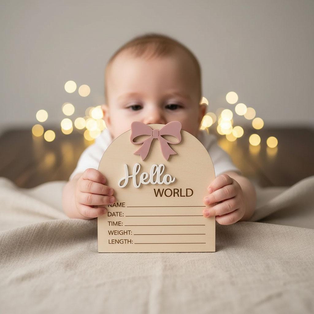 Coquette Pink Bow Birth Sign | 3D Arch Wooden Plaque | Acrylic Hello World Announcement | Whimsical Girl Nursery Prop | Baby Shower Gift