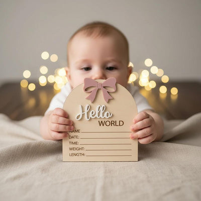 Coquette Pink Bow Birth Sign | 3D Arch Wooden Plaque | Acrylic Hello World Announcement | Whimsical Girl Nursery Prop | Baby Shower Gift