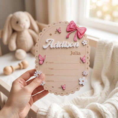 Oval Baby Name Sign for Nursery Scalloped Birth Announcement Sign for Hospital Custom Wood Name Plate Girl Bow Baby Shower Gift