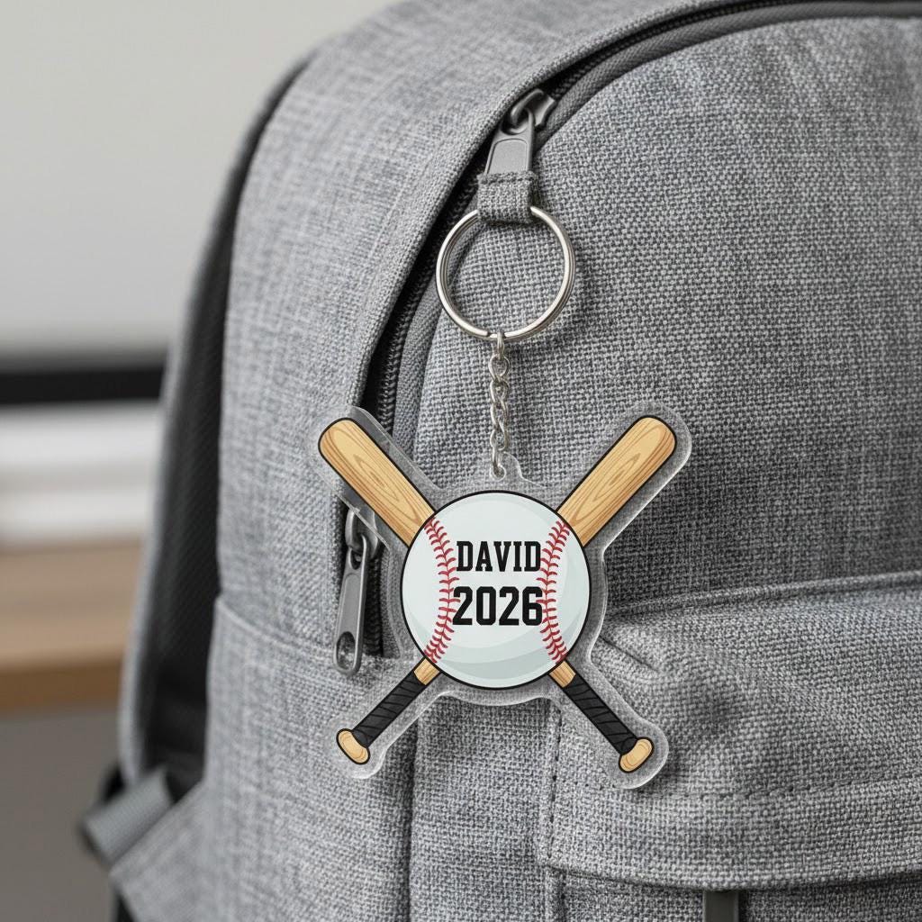 Personalized Baseball Keychain Custom Player Name and Year, Baseball Bat Keychain, Acrylic Baseball Player Gift, Little League Gift