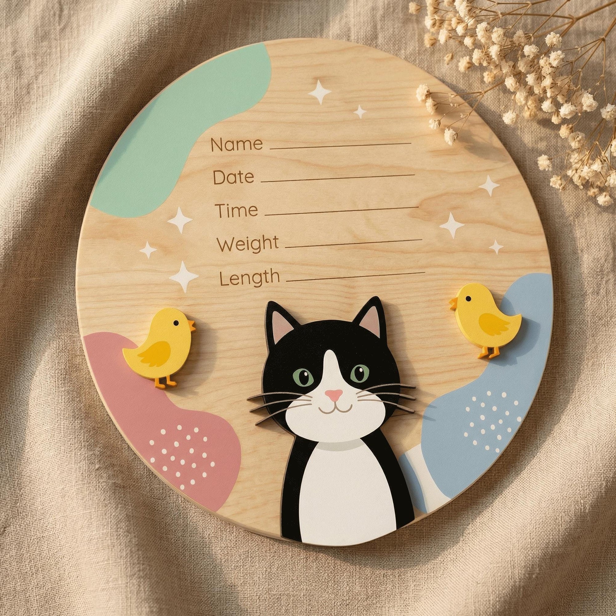 Tuxedo Cat Birth Stats Sign | Baby Chick 3D Wooden Newborn Plaque | Custom Kitten Baby Announcement | Neutral Nursery Decor
