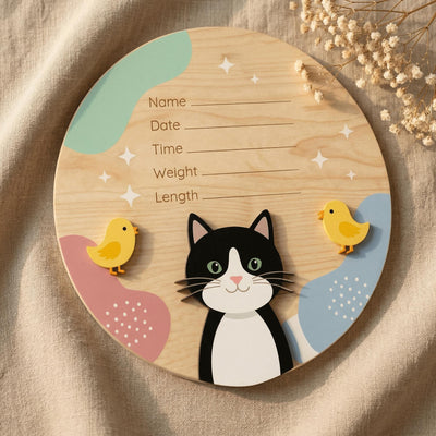 Tuxedo Cat Birth Stats Sign | Baby Chick 3D Wooden Newborn Plaque | Custom Kitten Baby Announcement | Neutral Nursery Decor