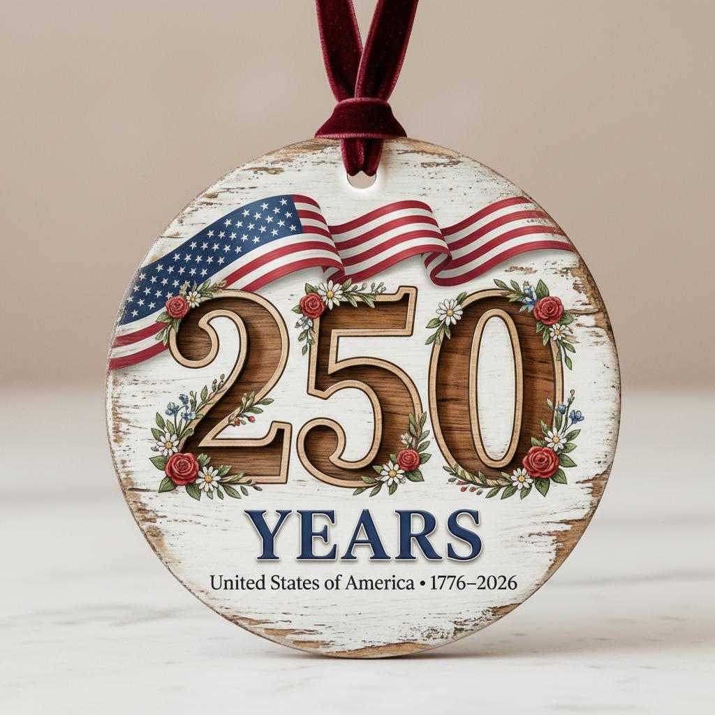 USA 250 Years Ornament, 250th Anniversary Floral Gift, 1776-2026 Semiquincentennial Decor, Rustic Farmhouse America Keepsake