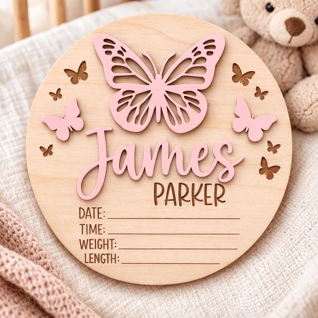Baby Announcement Sign Set Personalized Wooden Baby Name Sign Butterfly Nursery Decor Birth Stats Sign Newborn Gift Set