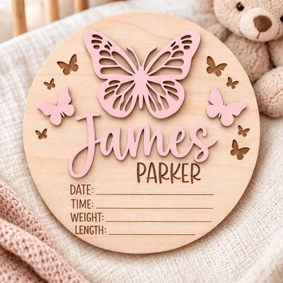 Baby Announcement Sign Set Personalized Wooden Baby Name Sign Butterfly Nursery Decor Birth Stats Sign Newborn Gift Set