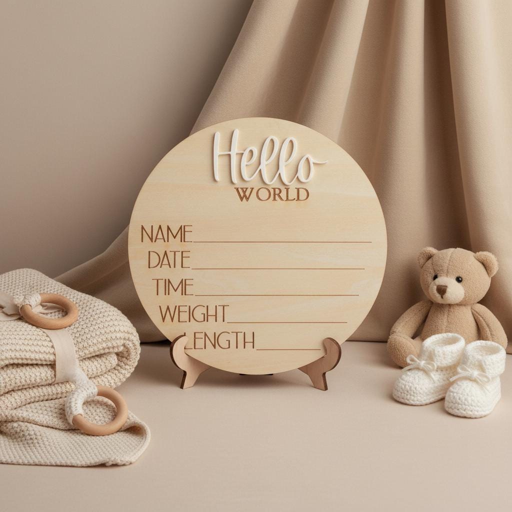 Personalized Baby Birth Stats Sign, Wooden Hello World Newborn Nursery Decor