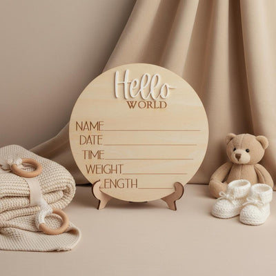 Personalized Baby Birth Stats Sign, Wooden Hello World Newborn Nursery Decor