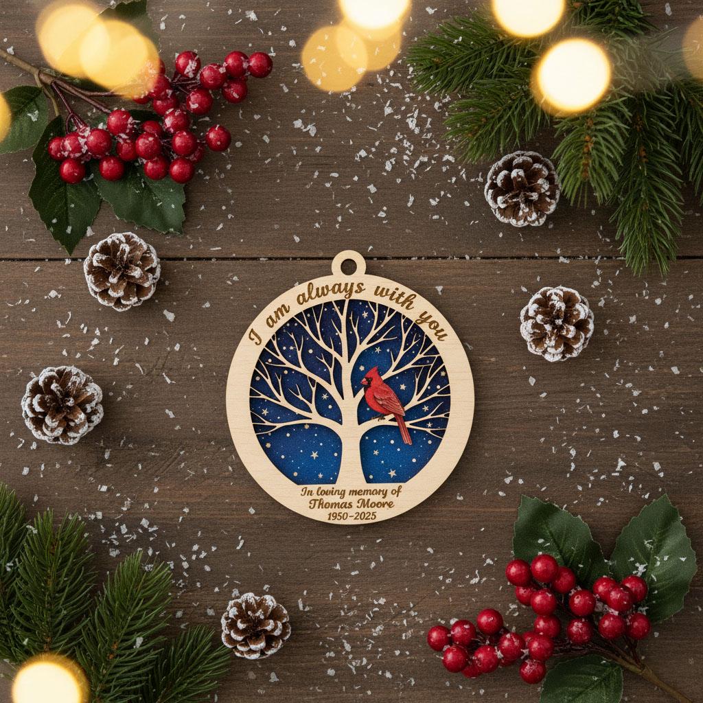 Personalized Memorial Christmas Ornament, Custom Wooden Ornament with Name and Years, Cardinal Remembrance Gift, Sympathy Keepsake, Ornament