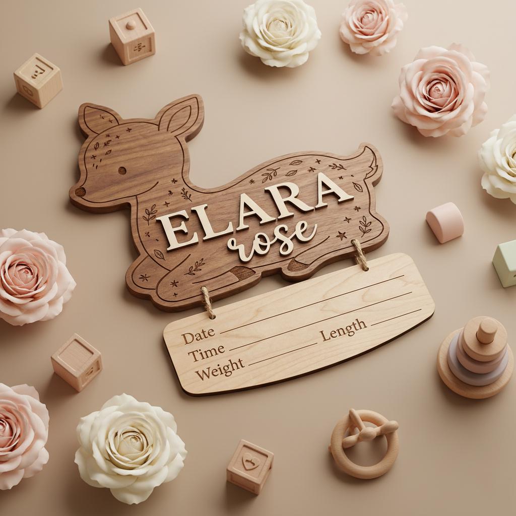 Woodland Deer Birth Stats Sign | Hanging Nameplate Wooden Newborn Plaque | Custom Baby Fawn Announcement | Forest Nursery Decor