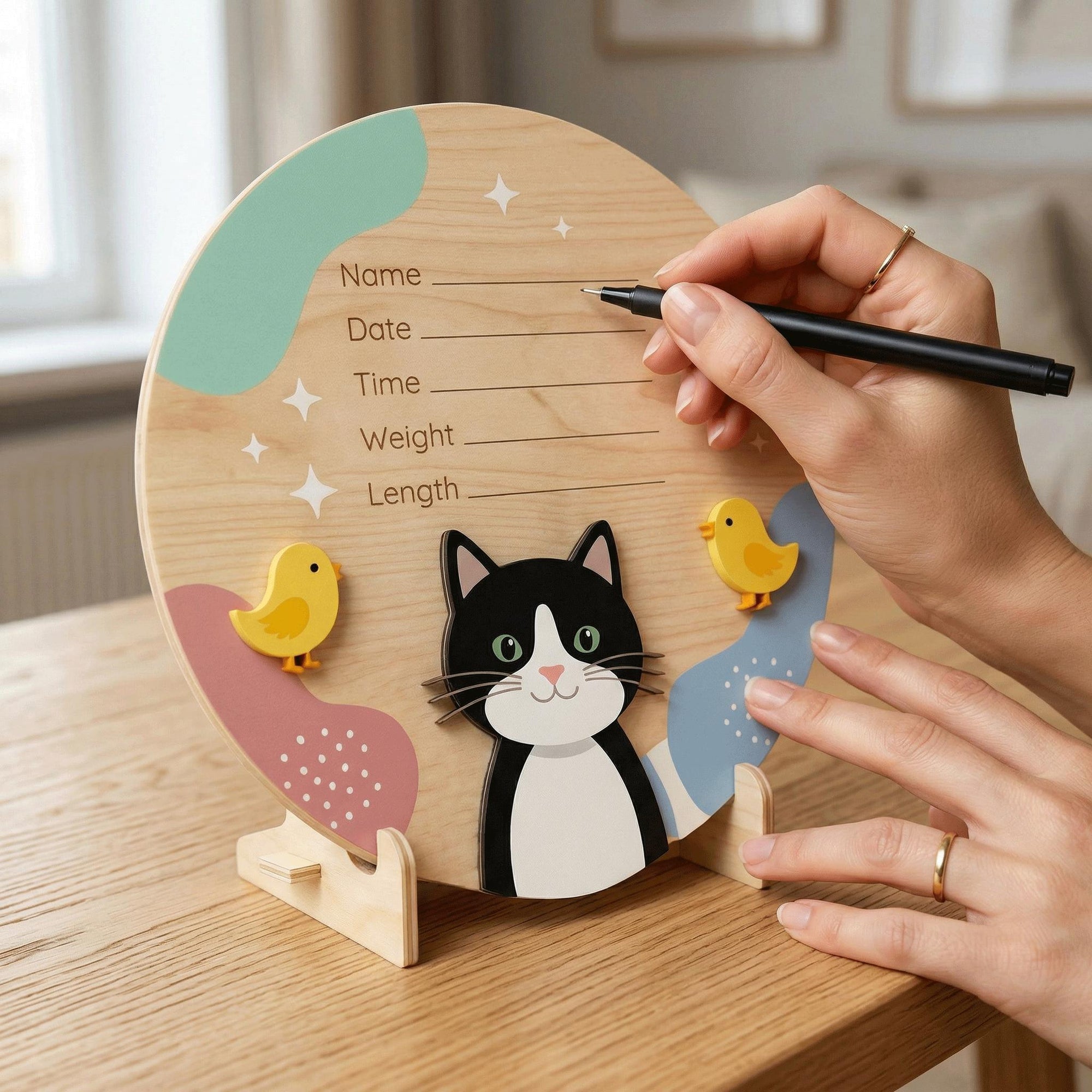 Tuxedo Cat Birth Stats Sign | Baby Chick 3D Wooden Newborn Plaque | Custom Kitten Baby Announcement | Neutral Nursery Decor