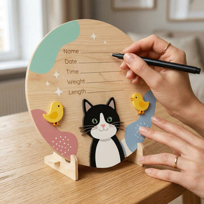 Tuxedo Cat Birth Stats Sign | Baby Chick 3D Wooden Newborn Plaque | Custom Kitten Baby Announcement | Neutral Nursery Decor