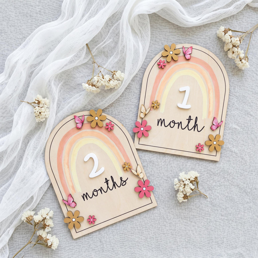 Double Sided Milestone Set | Reversible Boho Rainbow Wood Disc | 3D Butterfly Monthly Card | Custom Baby Girl Nursery Prop