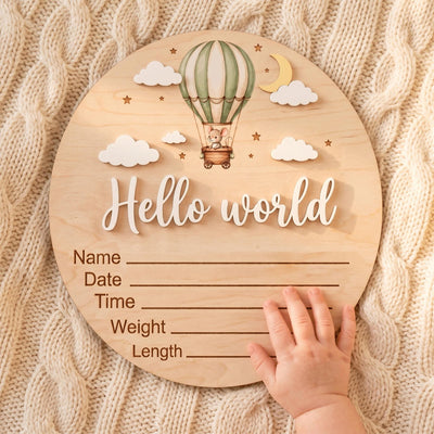 Hot Air Balloon Birth Stats Sign | 3D Mouse Wooden Baby Plaque | Acrylic Hello World Announcement | Neutral Adventure Prop