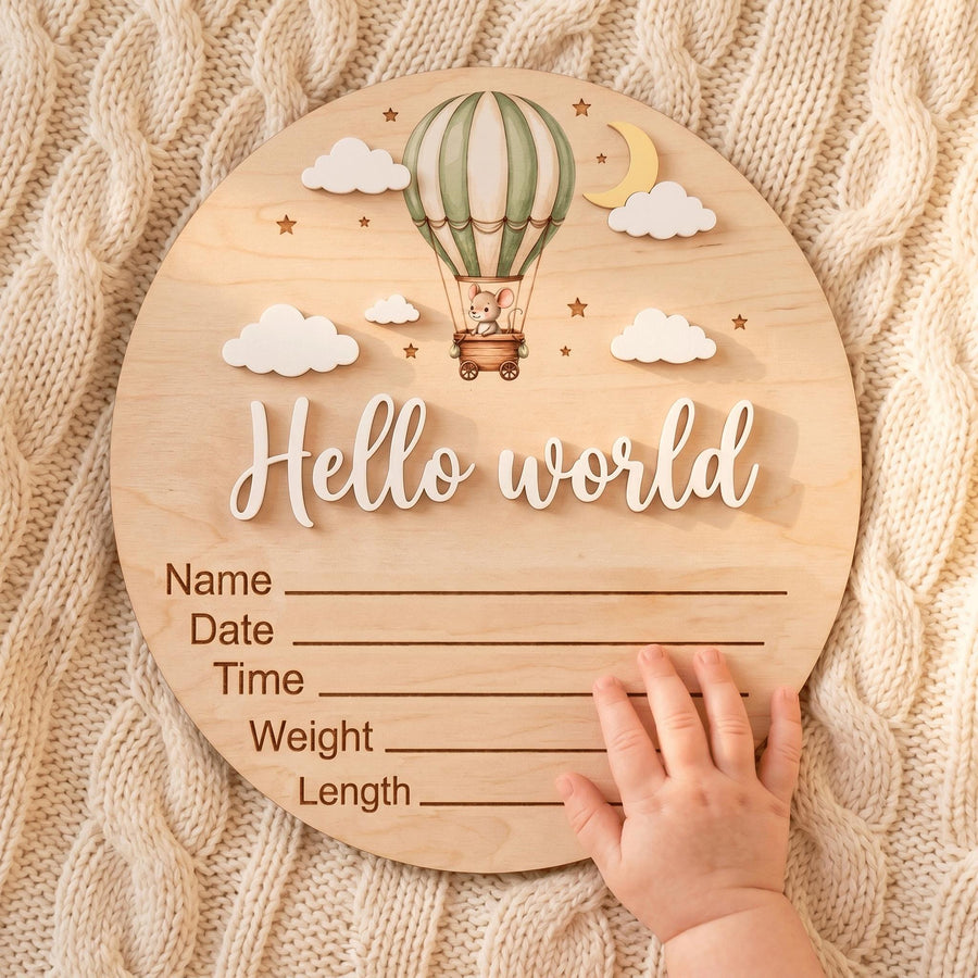 Hot Air Balloon Birth Stats Sign | 3D Mouse Wooden Baby Plaque | Acrylic Hello World Announcement | Neutral Adventure Prop