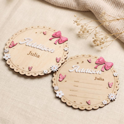 Personalized Round Baby Name Sign for Nursery Scalloped Birth Announcement Sign Custom Wood Plaque Girl Bow Baby Shower Gift