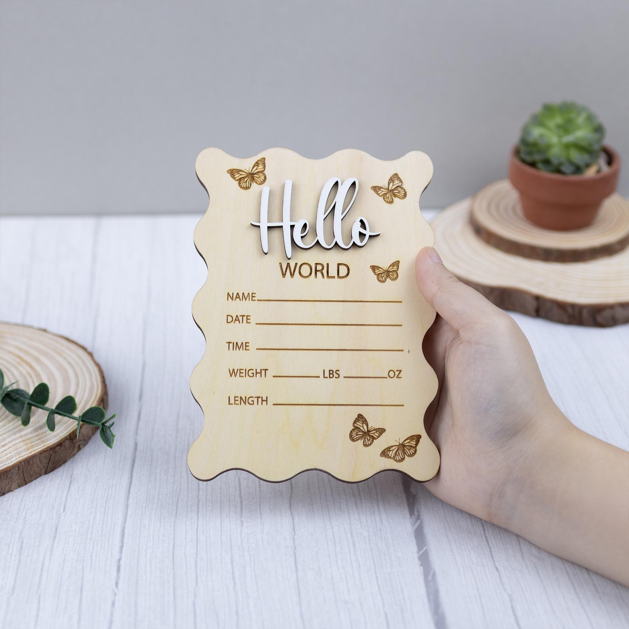 Hello World Sign, Baby Girl Name Sign, Scalloped Border Engraved Birth Announcement, Birth Stats Sign, Baby Keepsake, Birth Stat Sign