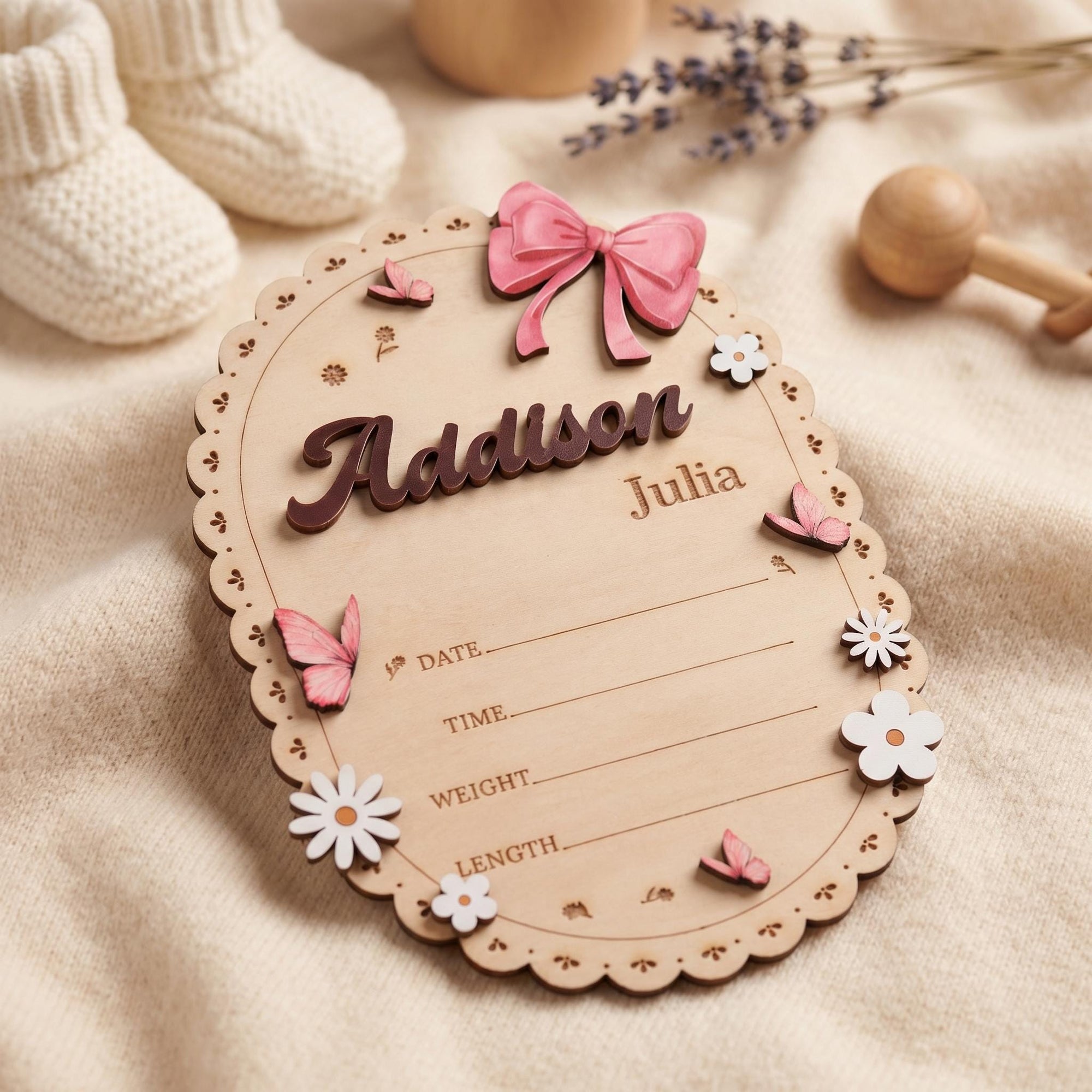 Oval Baby Name Sign for Nursery Scalloped Birth Announcement Sign for Hospital Custom Wood Name Plate Girl Bow Baby Shower Gift