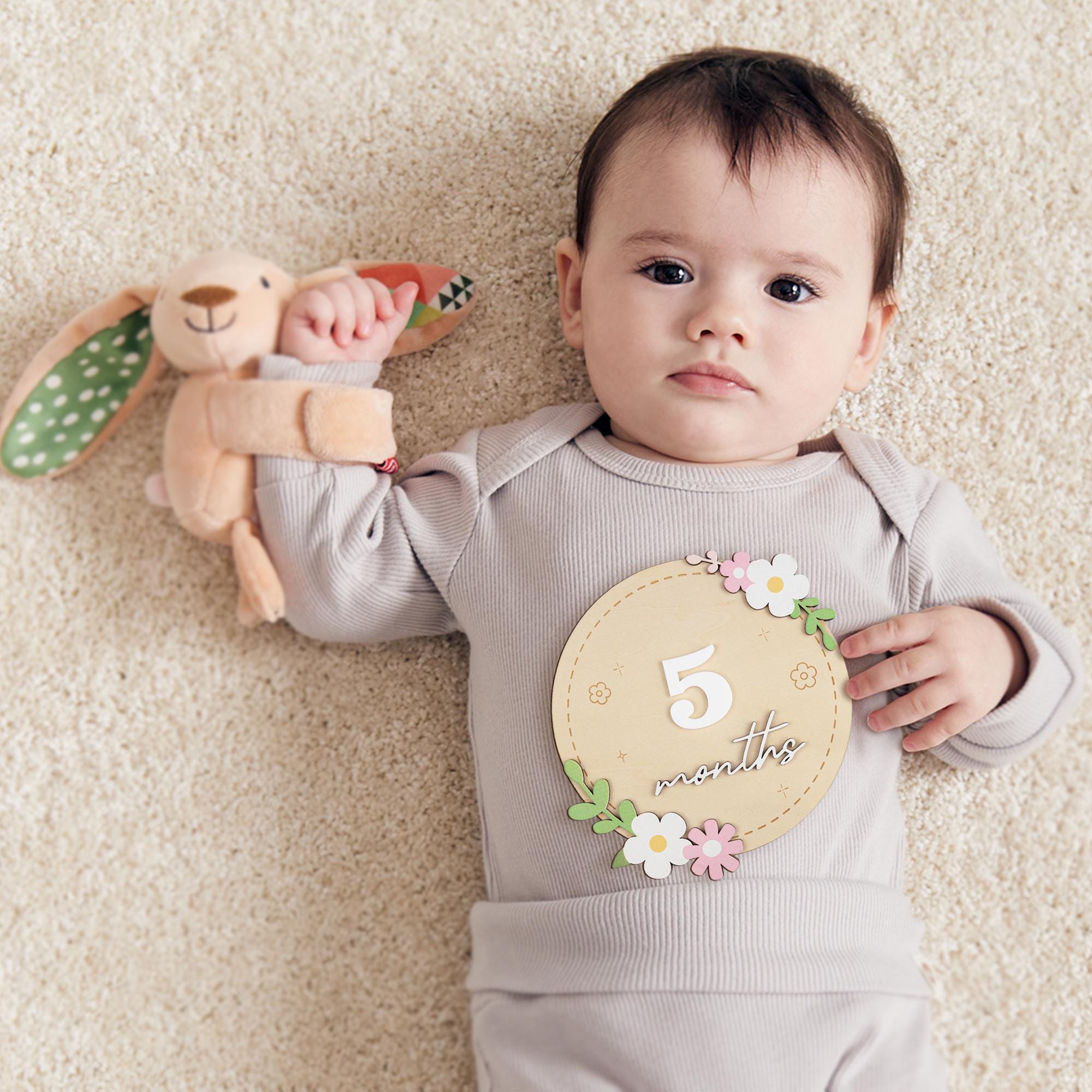 Wooden Baby Milestone Sign, Floral Monthly Milestone Card, Newborn Photo Prop,Baby Shower Gift For Girl,3D Monthly Milestone Discs,Baby Sign