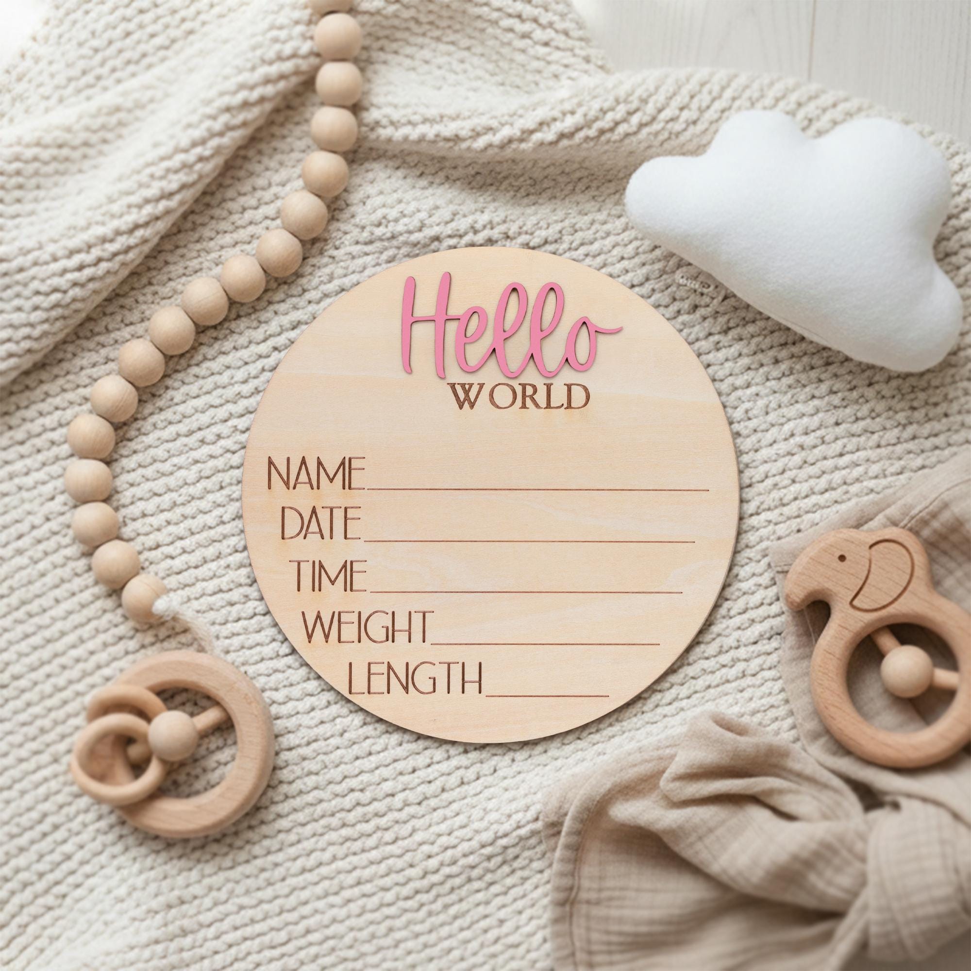 Hello World Baby Birth Stats Sign Personalized Wooden Newborn Announcement
