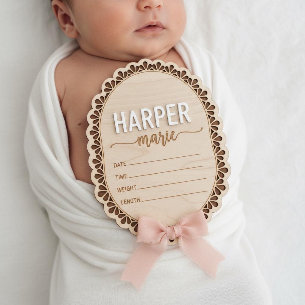 Personalized Wooden Baby Birth Announcement Sign with Name and Details
