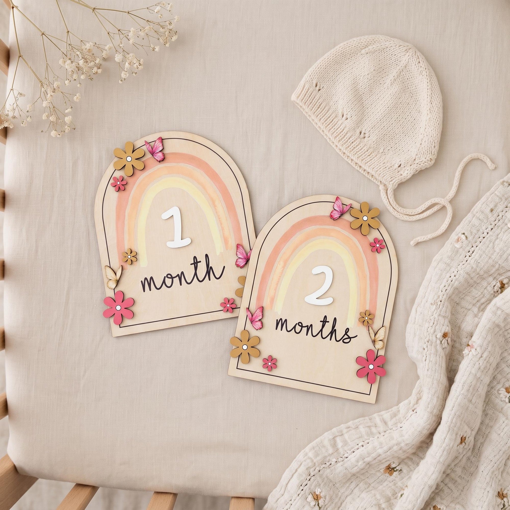 Double Sided Milestone Set | Reversible Boho Rainbow Wood Disc | 3D Butterfly Monthly Card | Custom Baby Girl Nursery Prop