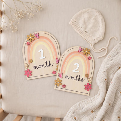 Double Sided Milestone Set | Reversible Boho Rainbow Wood Disc | 3D Butterfly Monthly Card | Custom Baby Girl Nursery Prop