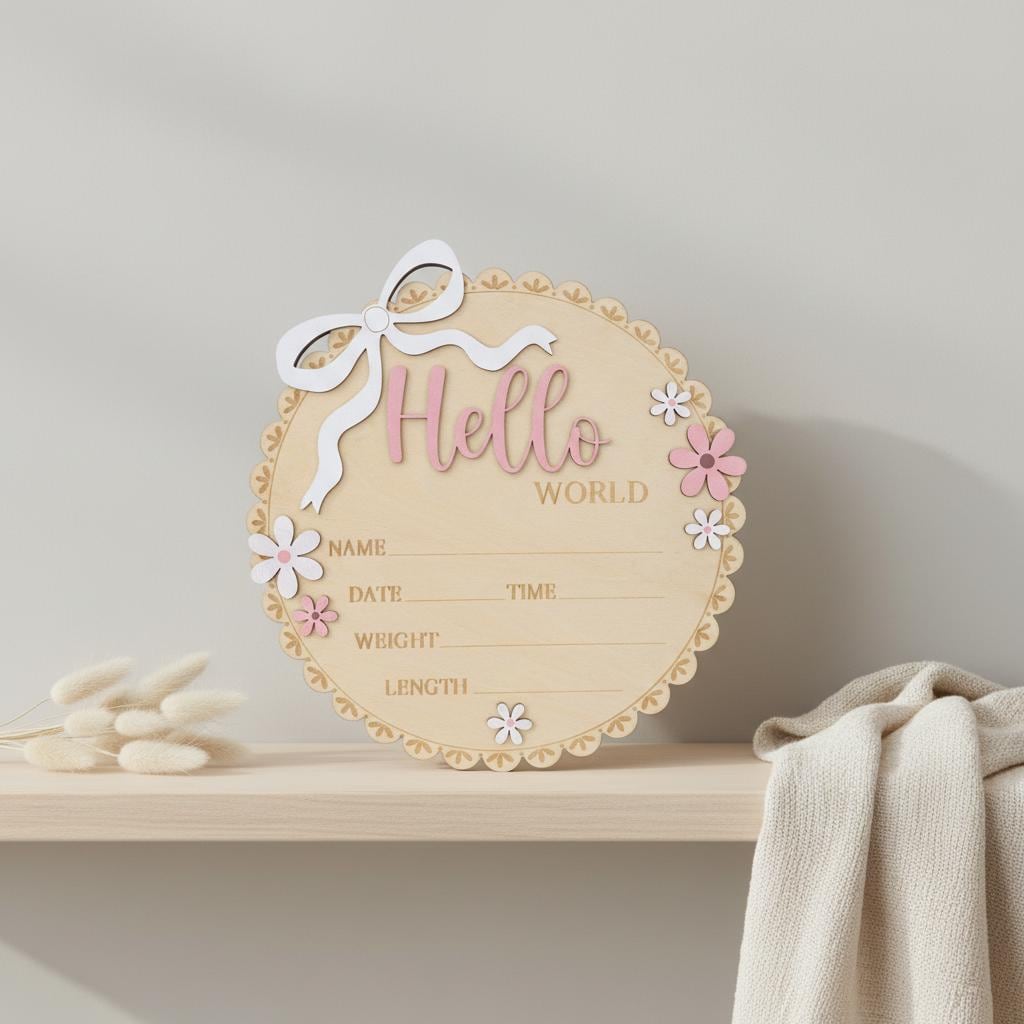 Neutral Baby Girl Hello World Sign Wooden Floral Nursery Keepsake