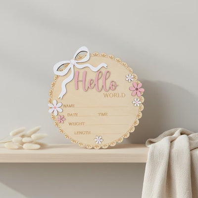 Neutral Baby Girl Hello World Sign Wooden Floral Nursery Keepsake