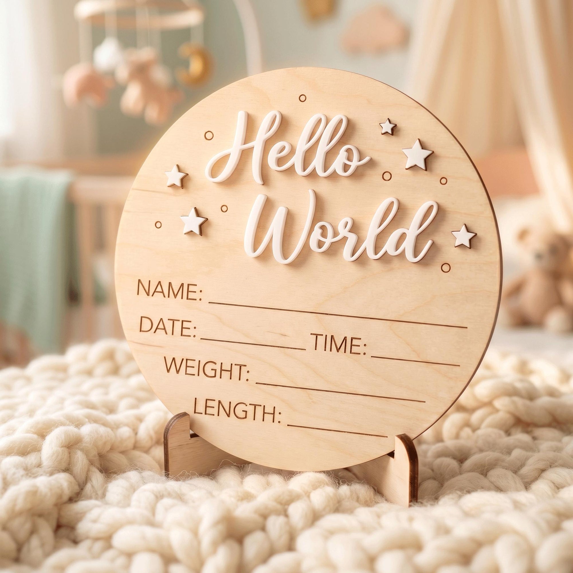 Celestial Stars Birth Stats Sign | 3D Star Wooden Baby Plaque | Acrylic Lettering Hello World Announcement | Neutral Nursery Prop