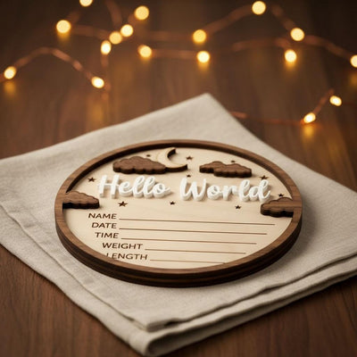 3D Moon Stars Birth Stats Sign | Walnut Frame Wood Baby Plaque | Acrylic Hello World Announcement | Neutral Nursery Decor