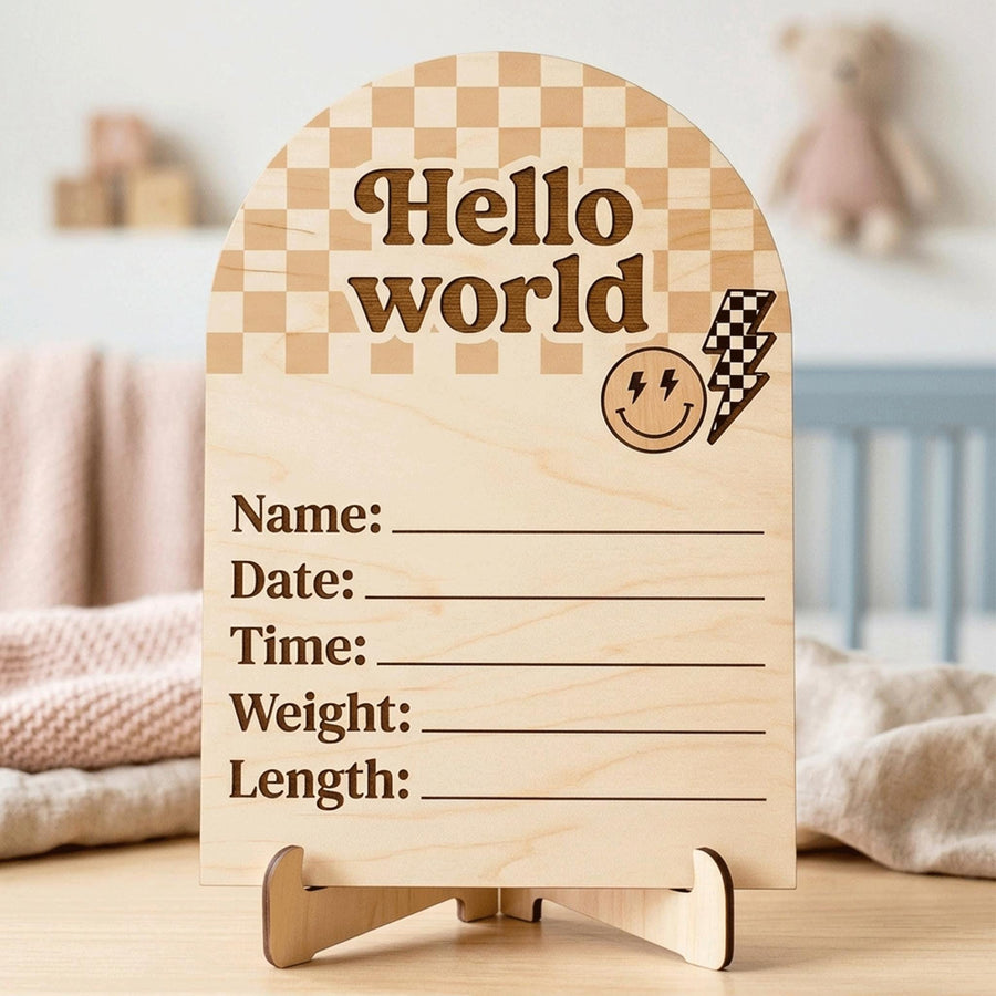 Retro Groovy Birth Stats Sign | Checkerboard Arch Wooden Newborn Plaque | Custom Smiley Baby Announcement | Neutral Nursery Prop