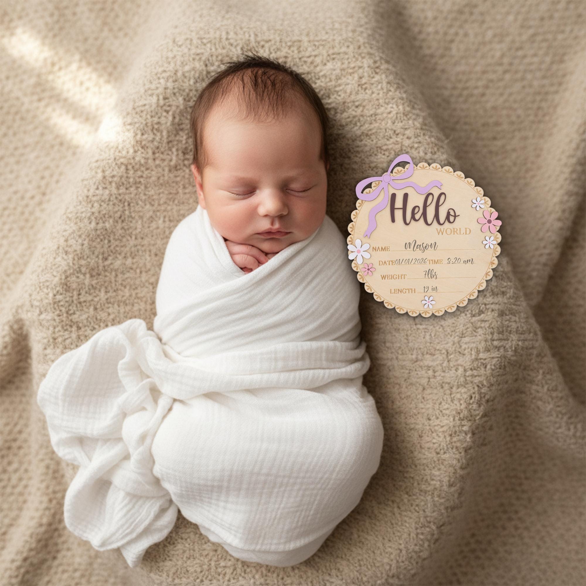 Baby Girl Hello World Birth Keepsake Sign Wooden Floral Nursery Decor