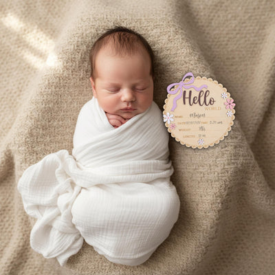 Baby Girl Hello World Birth Keepsake Sign Wooden Floral Nursery Decor