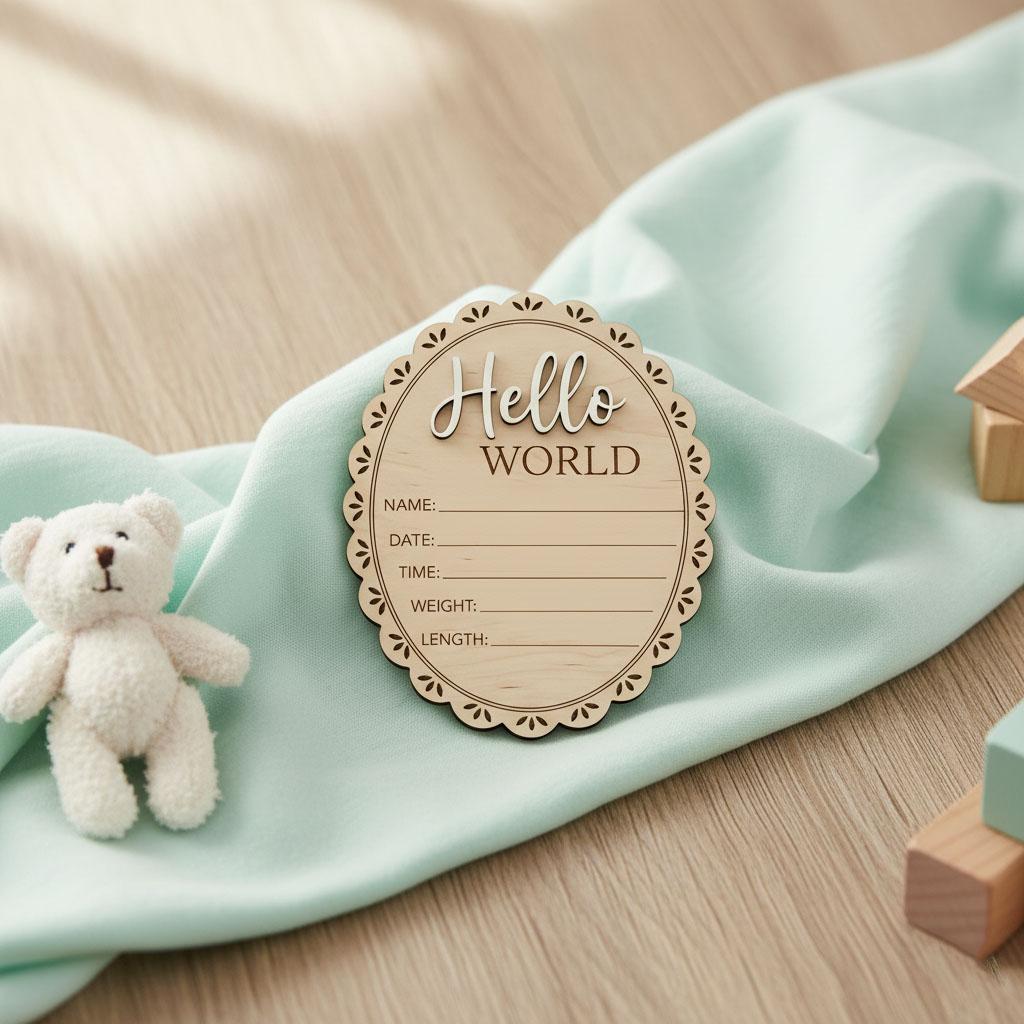 Scalloped Edge Birth Stats Sign | Oval Wooden Baby Plaque | 3D Acrylic Hello World Announcement | Vintage Girl Nursery Prop