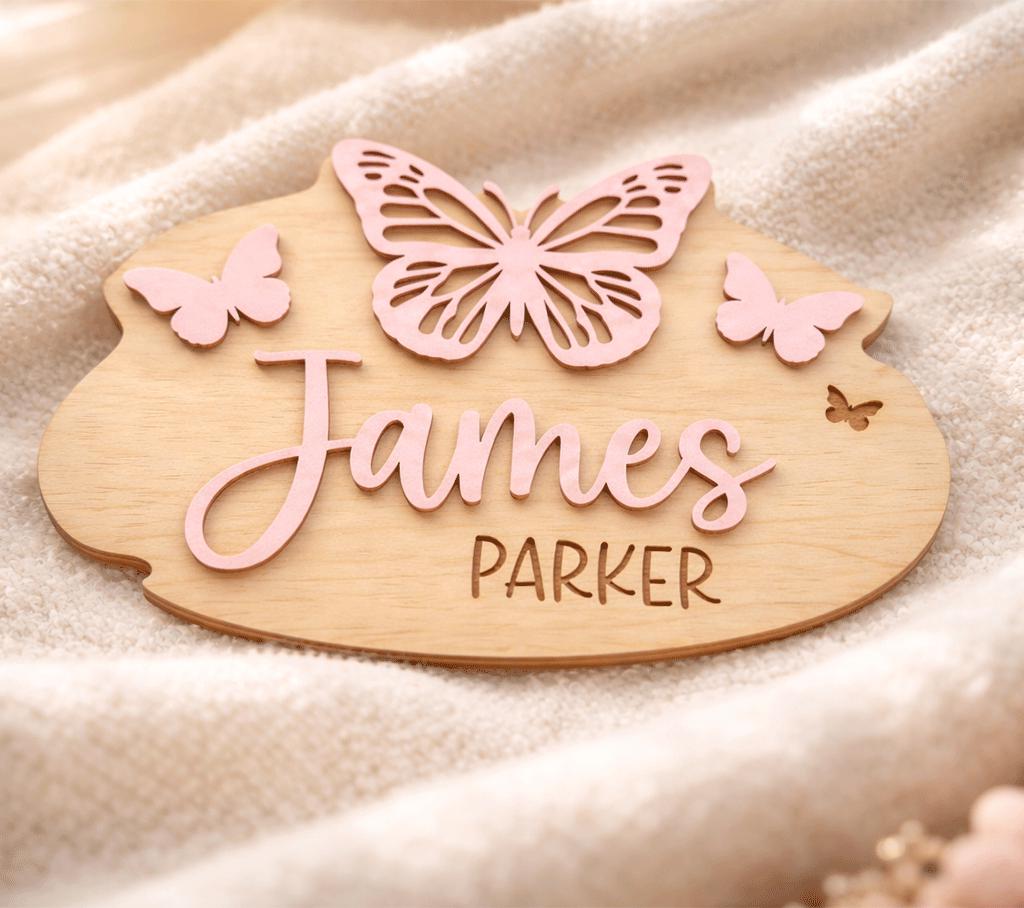 Baby Announcement Sign Set Personalized Wooden Baby Name Sign Butterfly Nursery Decor Birth Stats Sign Newborn Gift Set
