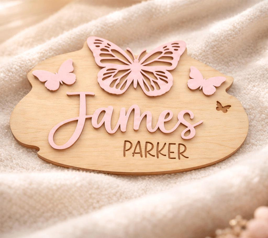 Baby Announcement Sign Set Personalized Wooden Baby Name Sign Butterfly Nursery Decor Birth Stats Sign Newborn Gift Set