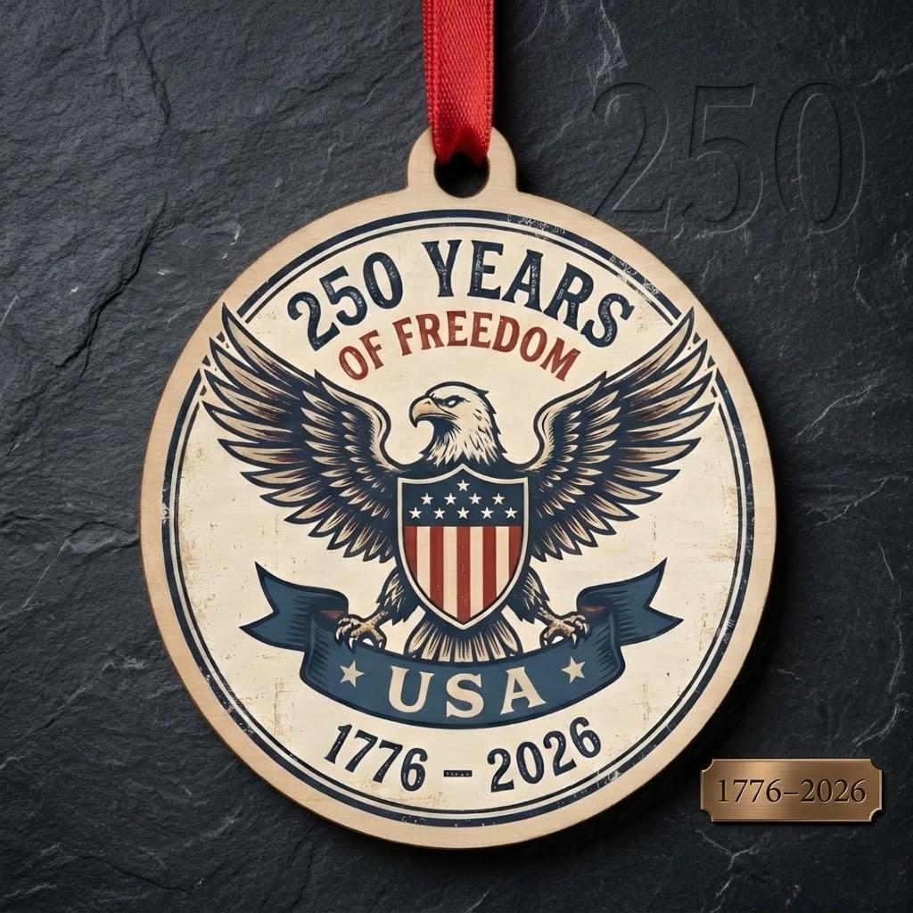 USA 250th Wood Ornament, Freedom For 250 Years, Rustic Eagle Emblem 1776-2026, Semiquincentennial Keepsake, Patriotic Gift