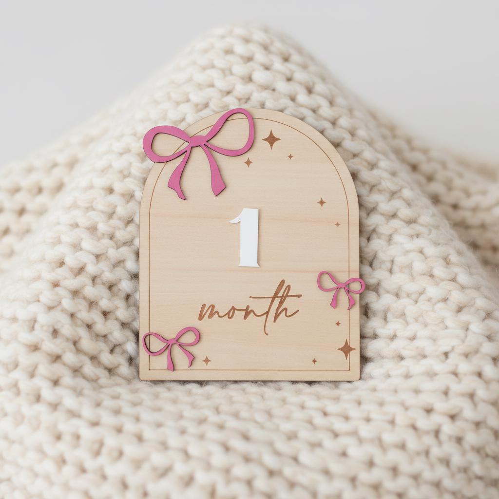 Wooden Baby Milestone Sign with Numbers 1–12 Months Pink Bow