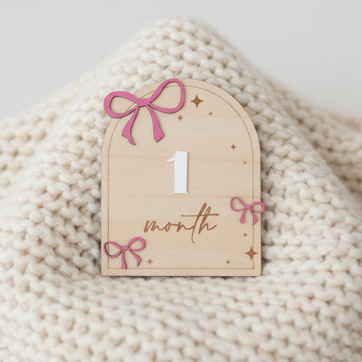 Wooden Baby Milestone Sign with Numbers 1–12 Months Pink Bow