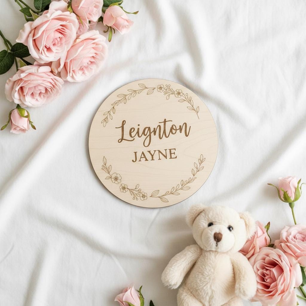 Personalized Wooden Baby Name Plaque, Round Nursery Name Announcement Sign