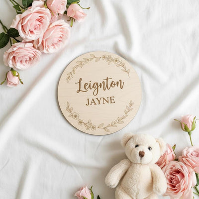 Personalized Wooden Baby Name Plaque, Round Nursery Name Announcement Sign