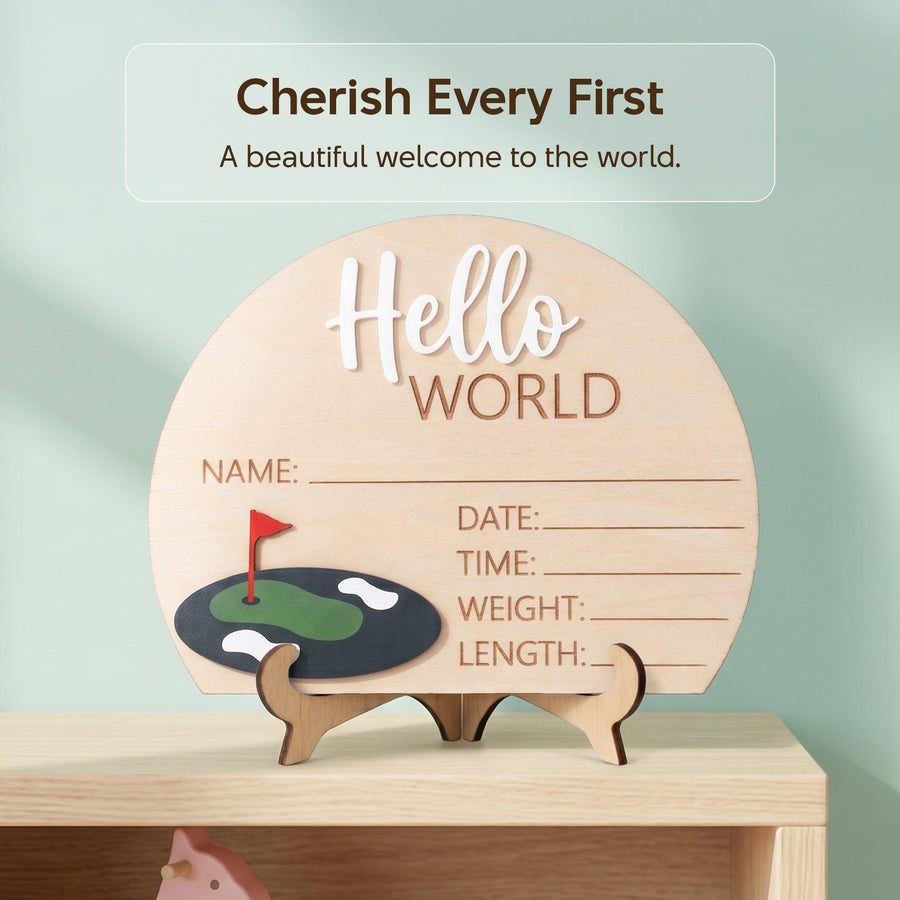 Golf Birth Stats Sign | 3D Half Arch Wooden Plaque | 3D Wooden Hello World Announcement | Par Tee Boy Nursery Prop | Baby Shower Gift