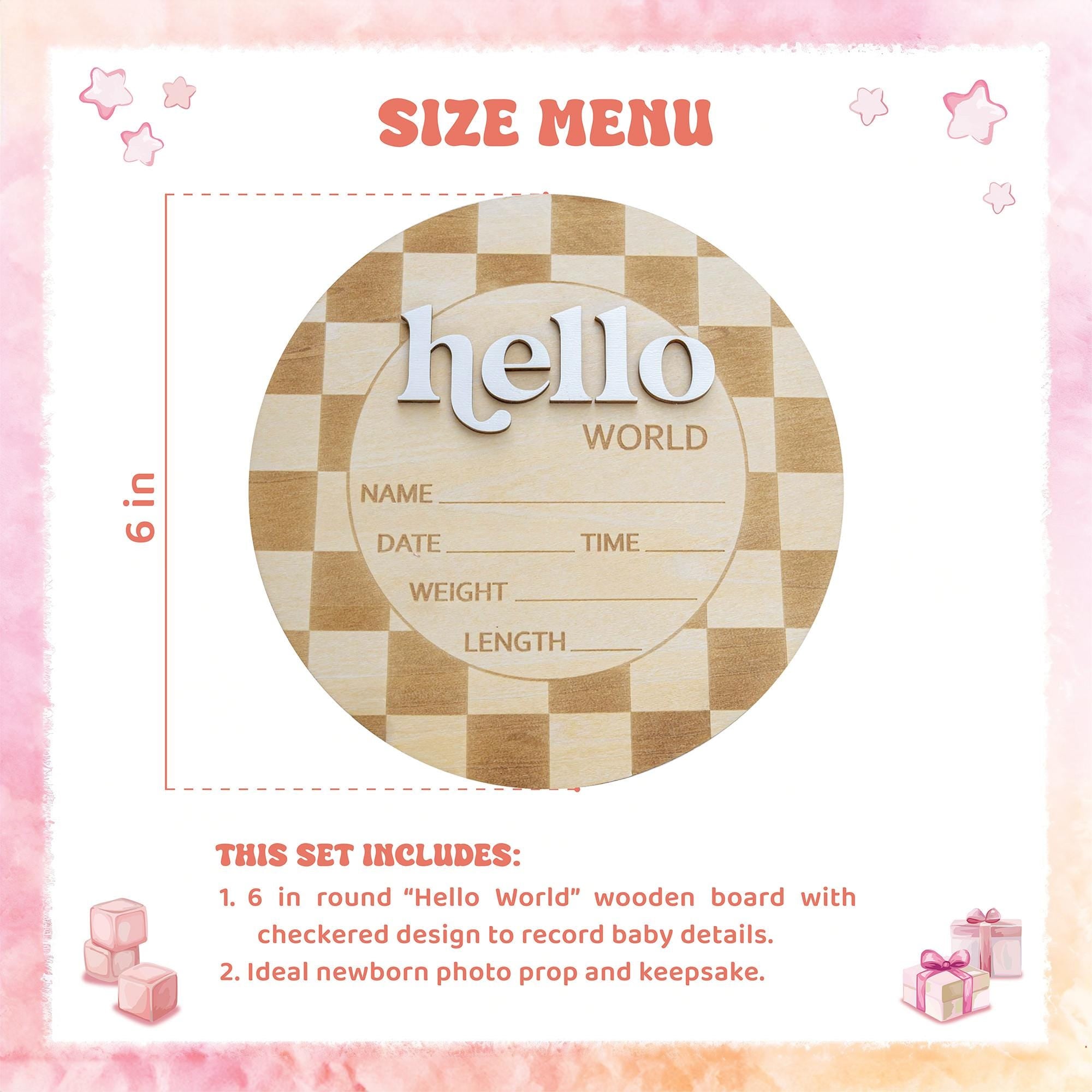 Checkered Hello World Sign, Wooden Baby Announcement, Layered Birth Stat Sign, Birth Stat Plaque, Retro Nursery Decor, Name Announcement