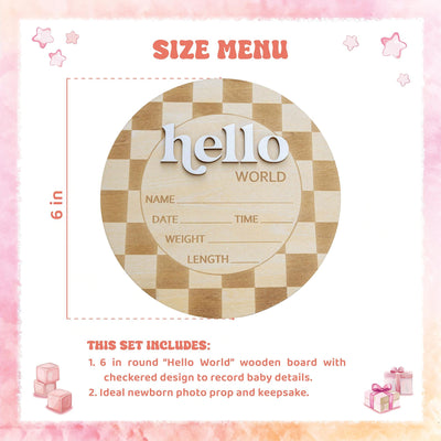 Checkered Hello World Sign, Wooden Baby Announcement, Layered Birth Stat Sign, Birth Stat Plaque, Retro Nursery Decor, Name Announcement