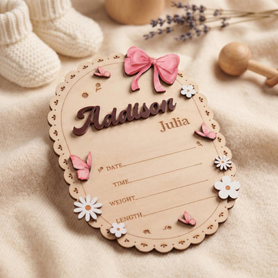 Oval Baby Name Sign for Nursery Scalloped Wood Birth Announcement Sign Custom Wood Plaque for Hospital Girl Bow Personalized Baby Gift