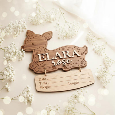 Woodland Deer Birth Stats Sign | Hanging Nameplate Wooden Newborn Plaque | Custom Baby Fawn Announcement | Forest Nursery Decor