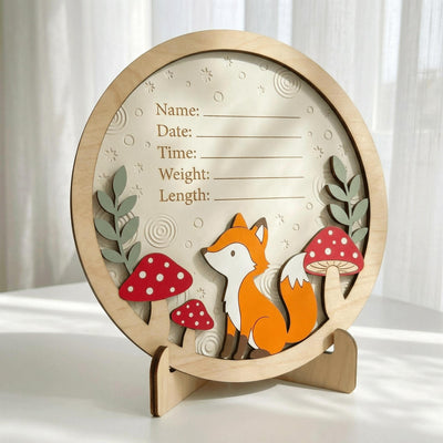 Woodland Fox Birth Stats Sign | Mushroom 3D Wooden Newborn Plaque | Custom Forest Baby Announcement | Neutral Nursery Decor