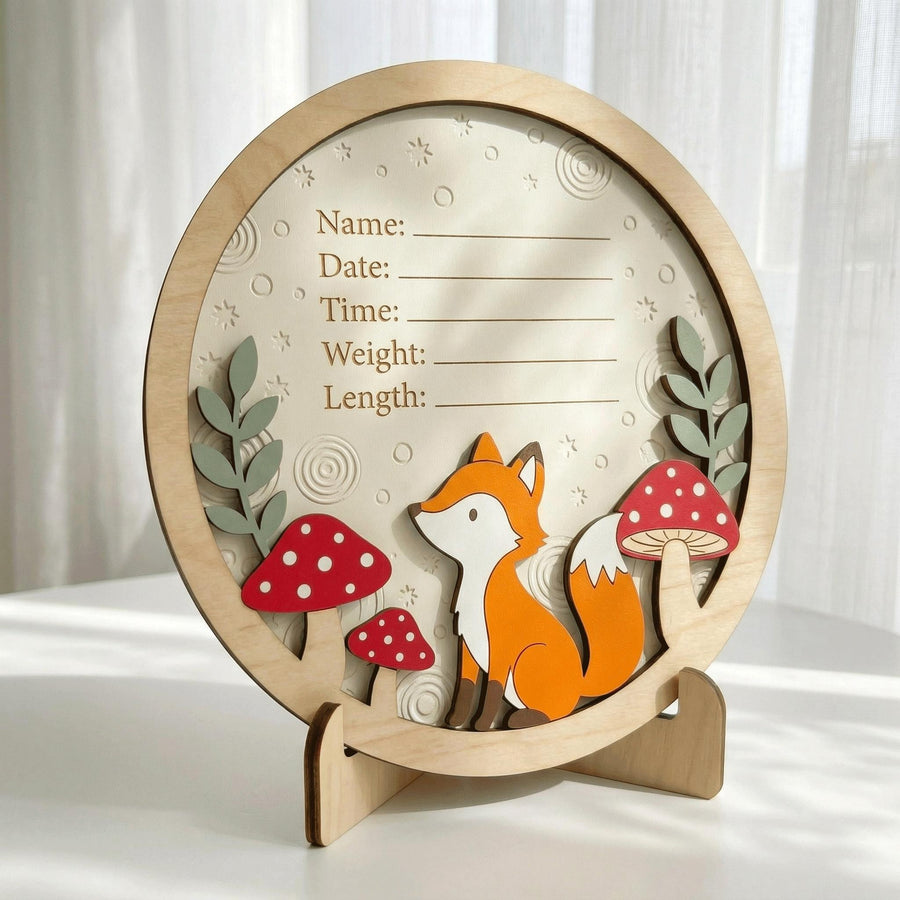 Woodland Fox Birth Stats Sign | Mushroom 3D Wooden Newborn Plaque | Custom Forest Baby Announcement | Neutral Nursery Decor