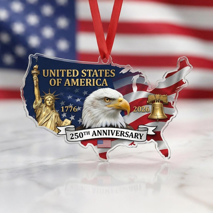 USA Map 250th Anniversary Ornament, Semiquincentennial Patriotic Gift, 1776-2026 United States Shape Decor, America Milestone Keepsake