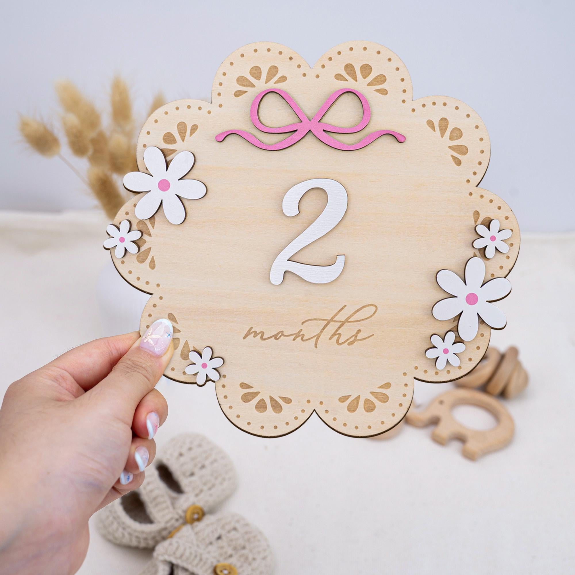 Baby Milestone Sign With Wooden Numbers, Floral Monthly Milestone Card, 3D Layered Baby Photo Prop, Milestone Sign For Baby Girl, Baby Sign